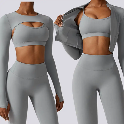 Women's 4-Piece Activewear Set – Sports Bra, Zip-Up Jacket, Crop Top & Leggings